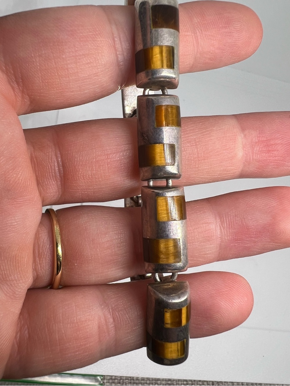 Vintage Sterling Silver Bracelet with Tiger's Eye Inlay